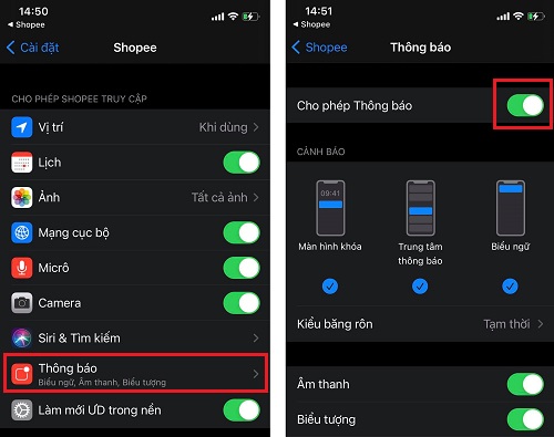 tắt thông báo Shopee trên iPhone