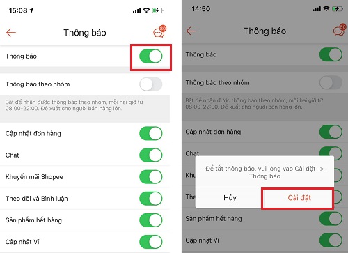 tắt thông báo Shopee trên iPhone