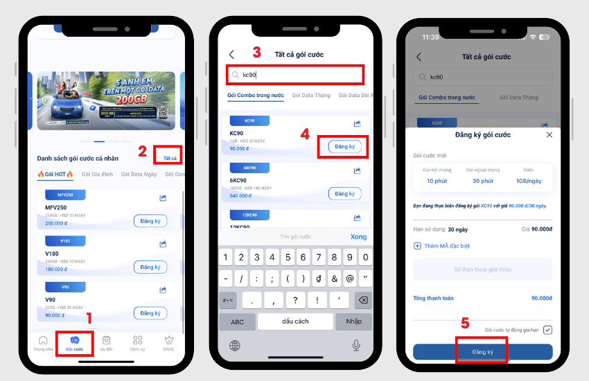 Dang ky goi KC90 MobiFone qua ung dung 