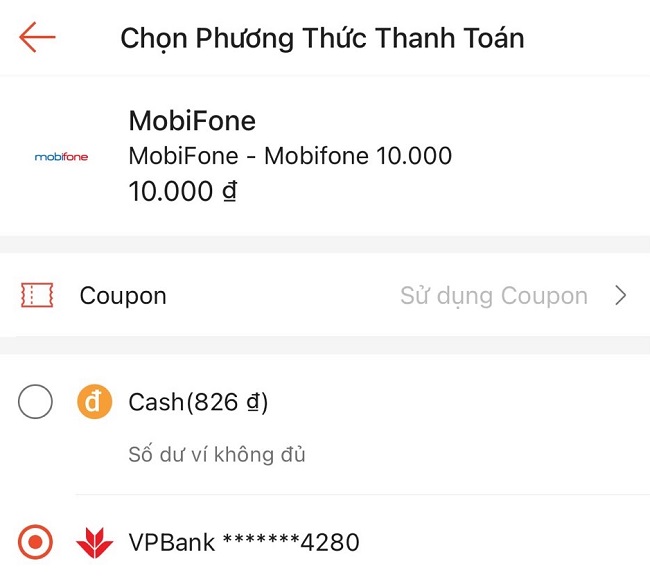 Nạp tiền vào tài khoản ShopeePay bằng thẻ MobiFone